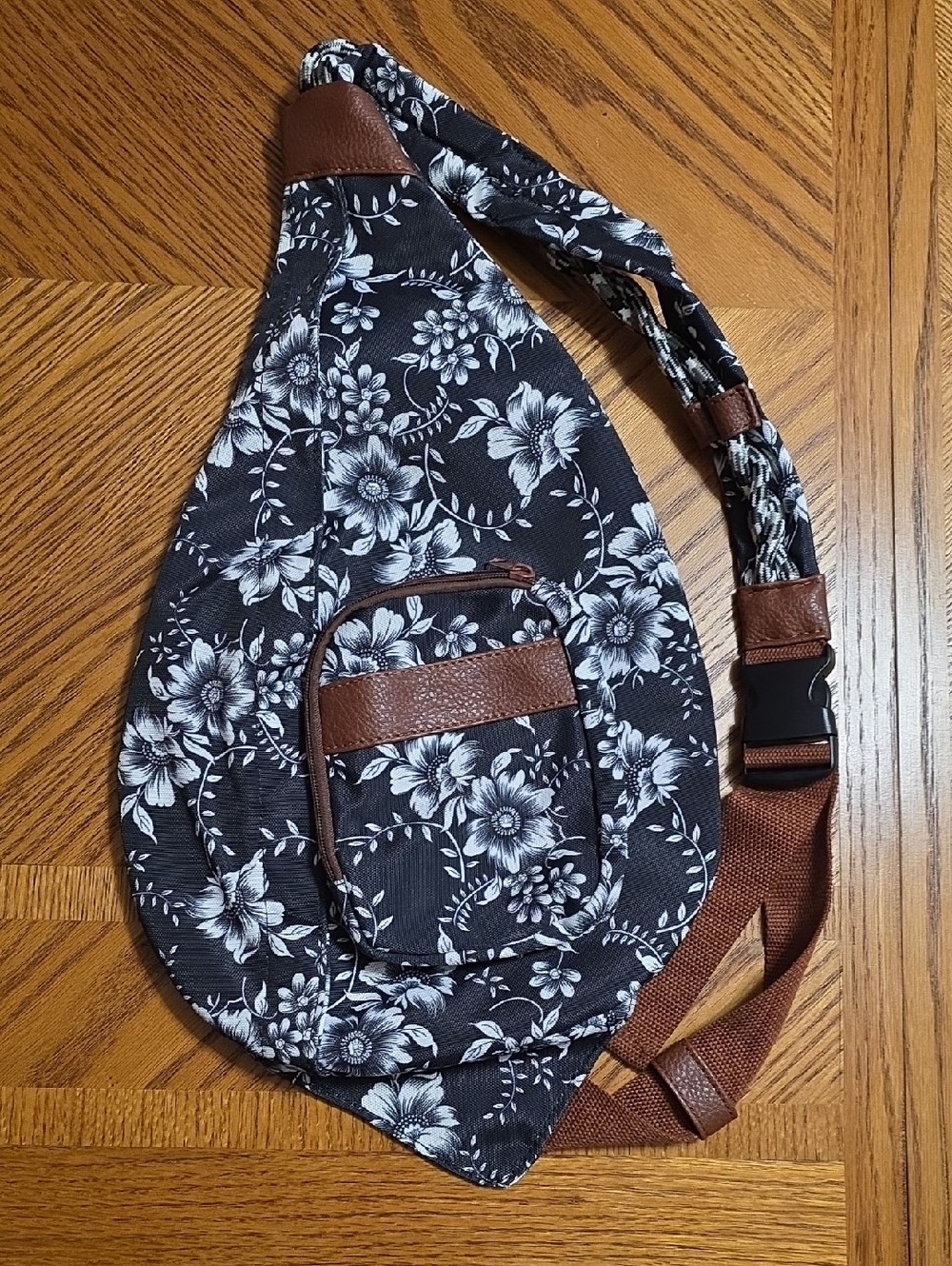Floral Black & White Sling Crossbody Bag with Brown Accents
